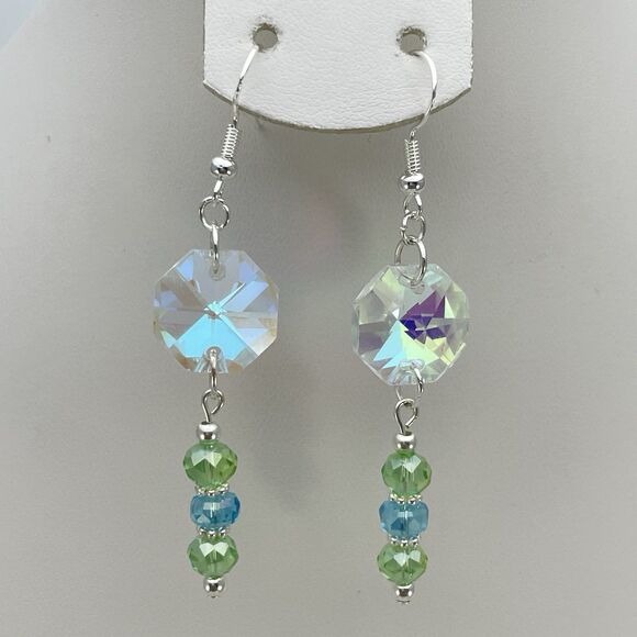 Sterling Silver Plated White AB Green Blue Glass Beaded Dangle Earrings Unique - Picture 1 of 7